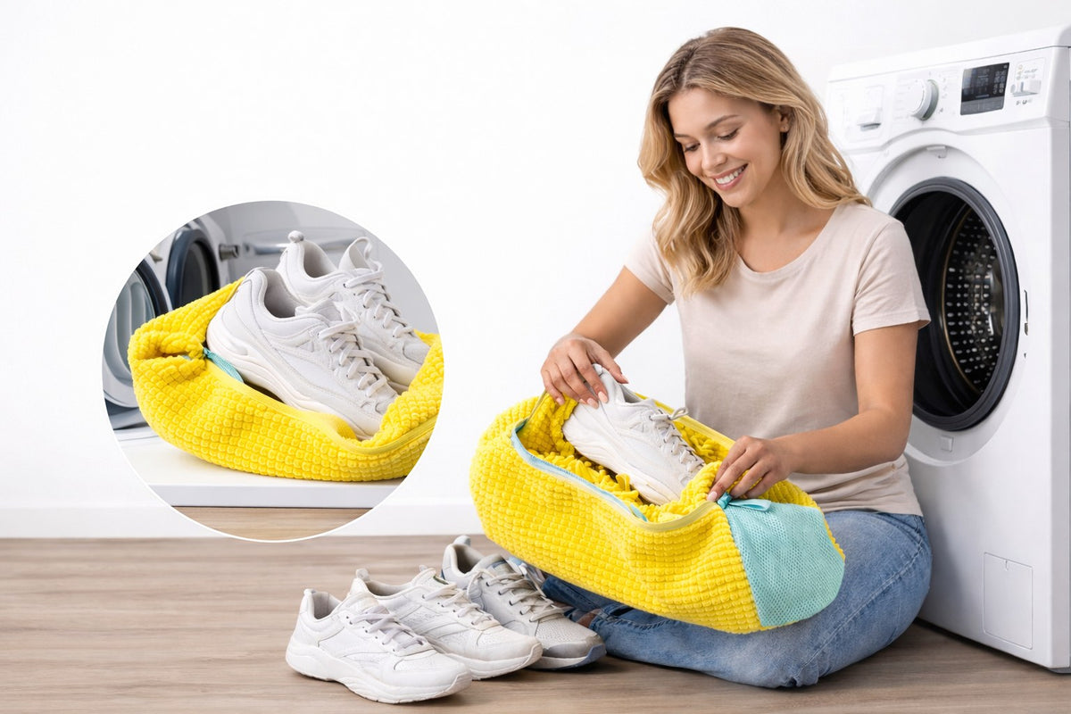 Donna che mette le scarpe nel sacco lavaggio Norveline davanti alla lavatrice