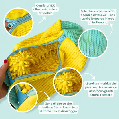 Dettagli del sacco: cerniera YKK, rete e microfibre morbide