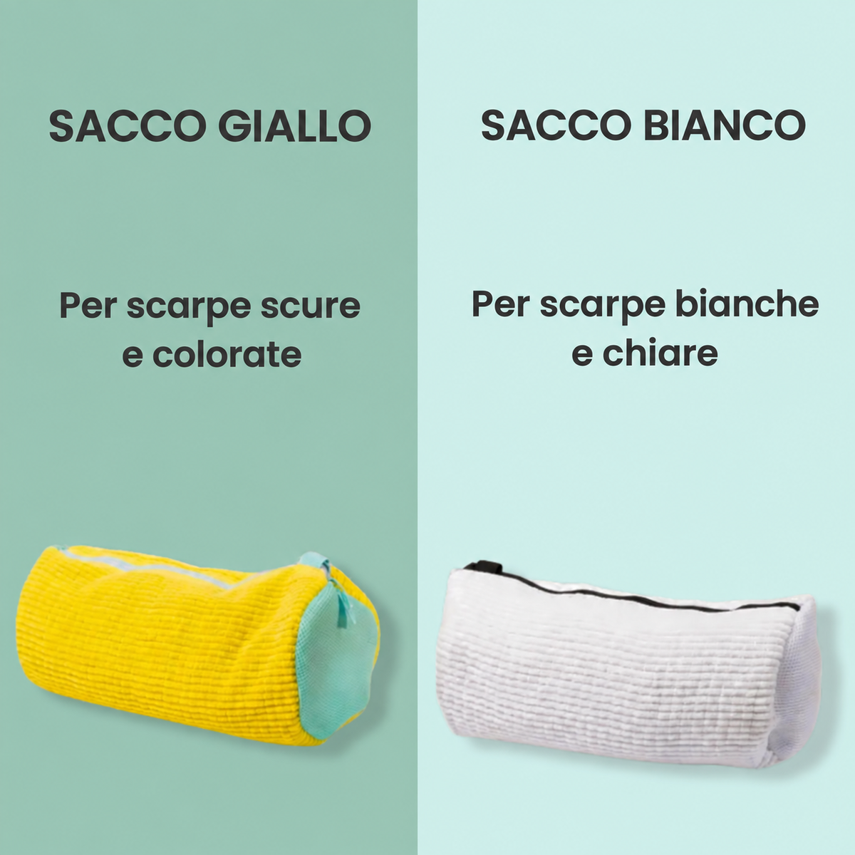 Sacco giallo per scarpe colorate e sacco bianco per scarpe bianche