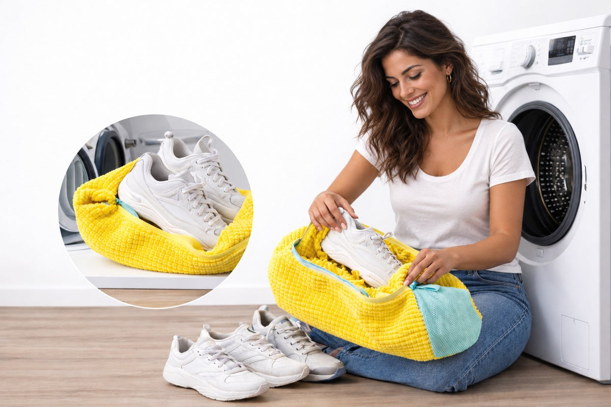 Sacco lavaggio per scarpe Norveline con sneaker, accanto alla lavatrice